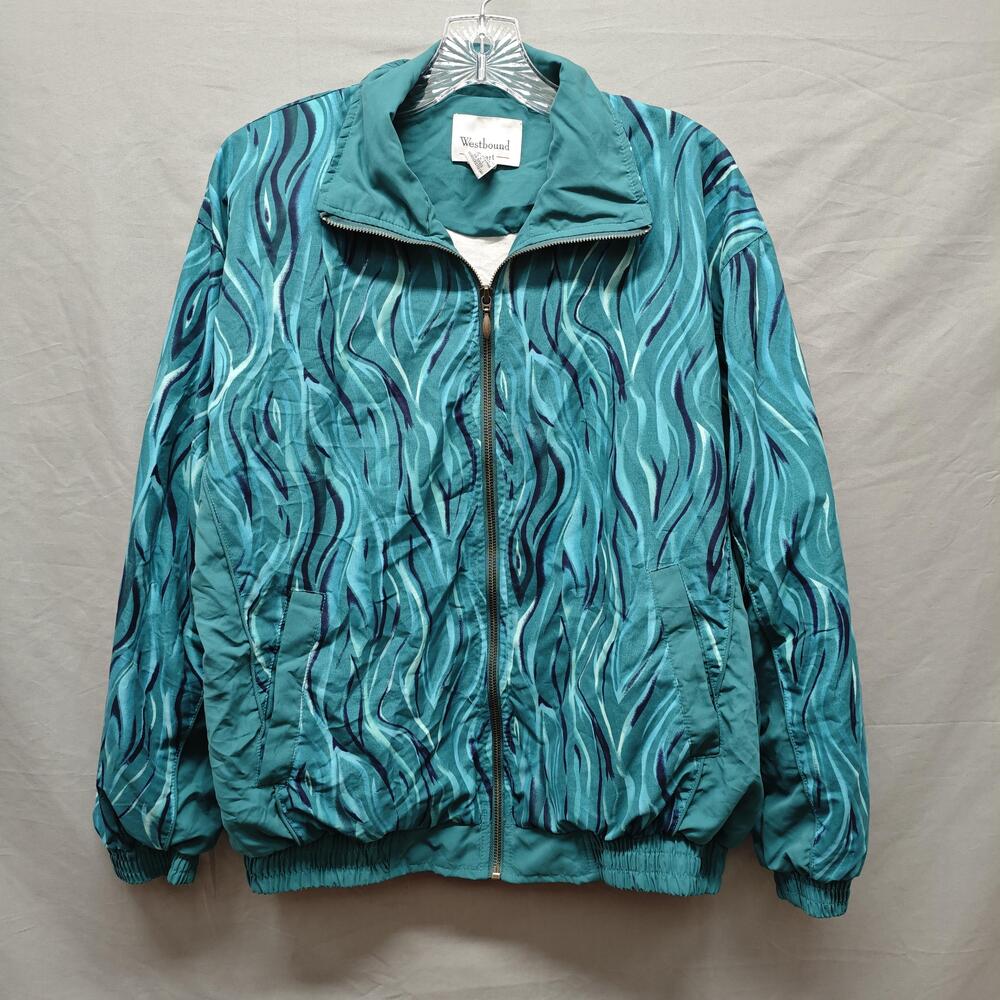 Vintage Westbound Sport Jacket Womens Medium Teal Abstract Zip Bomber 80s 90s